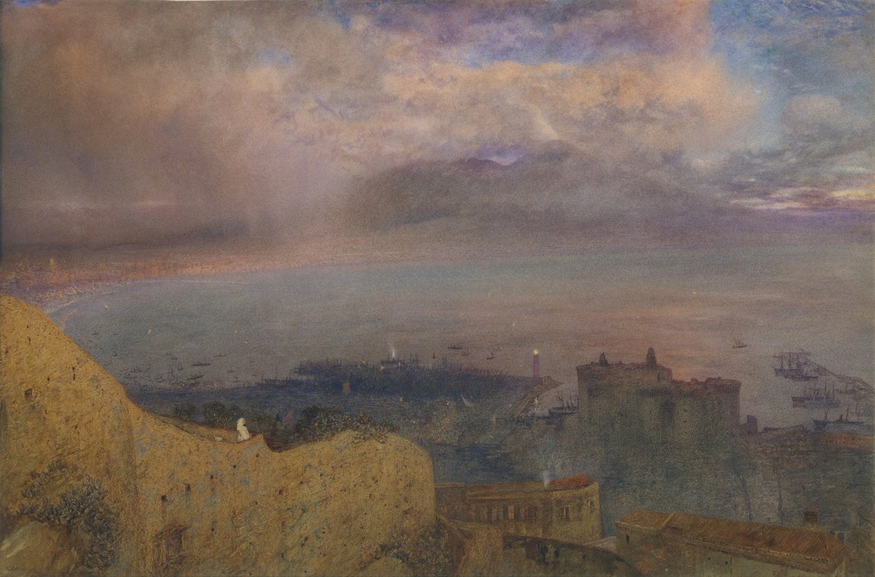 Udsigt over Napoli-bugten med Vesuv, Rygning, i Aftenens Aften, 1871. af Alfred William Hunt
