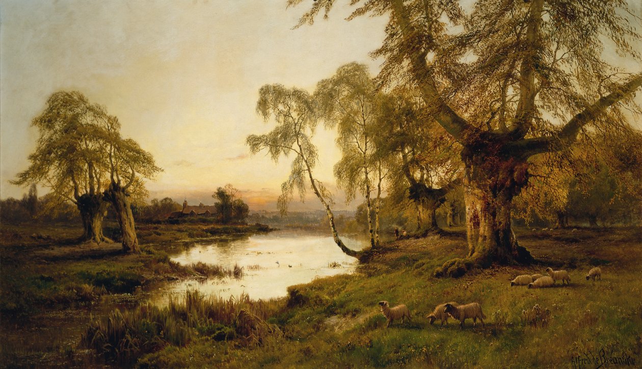 Får græsser ved en sø ved solnedgang (olie på lærred) af Alfred de Breanski