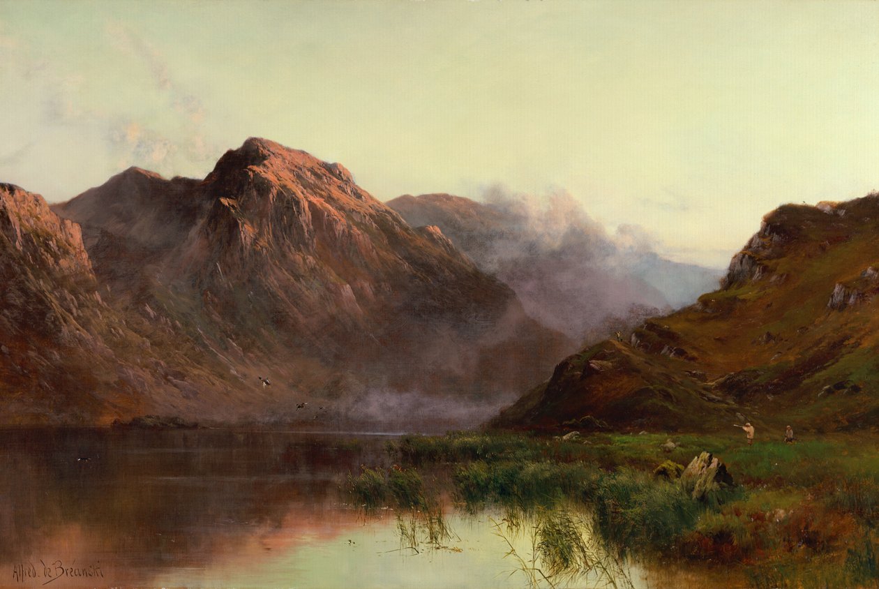 The Hunt of Wildfowl Llyn Crafnaut (olie på lærred) af Alfred de Breanski