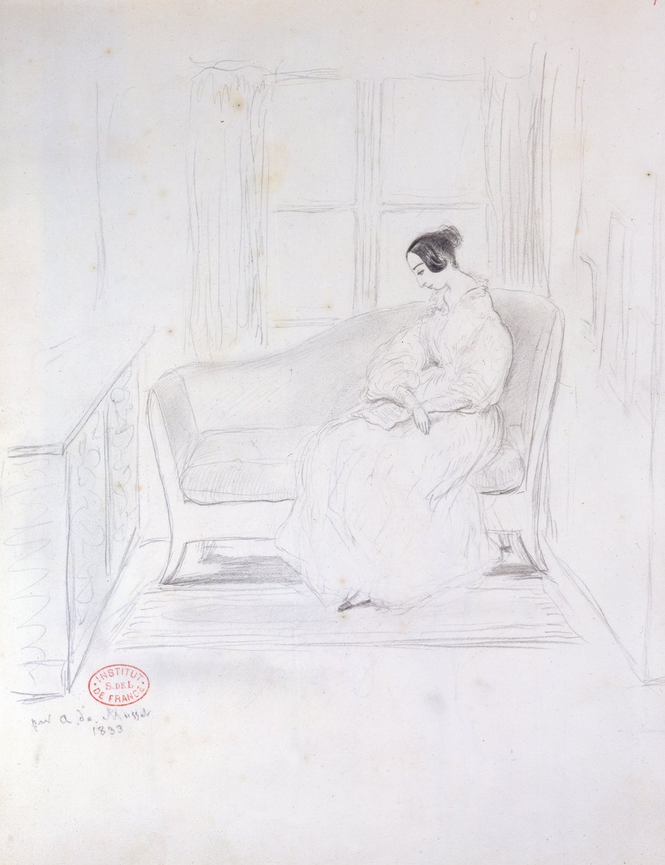 George Sand (1804-76), læste på en sofa ved siden af et vindue, 1833 af Alfred de Musset