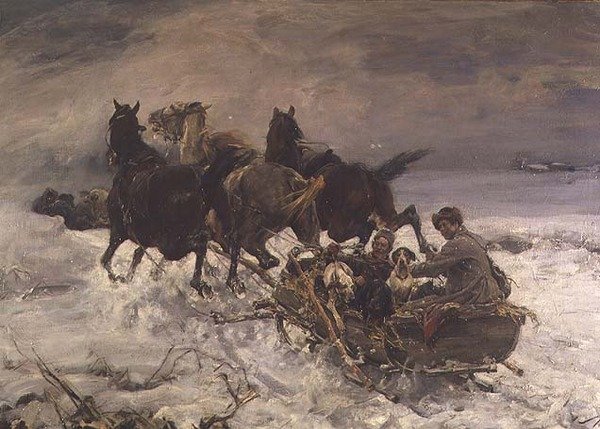 Figurer i en hestetrukken slæde af Alfred von Wierusz Kowalski