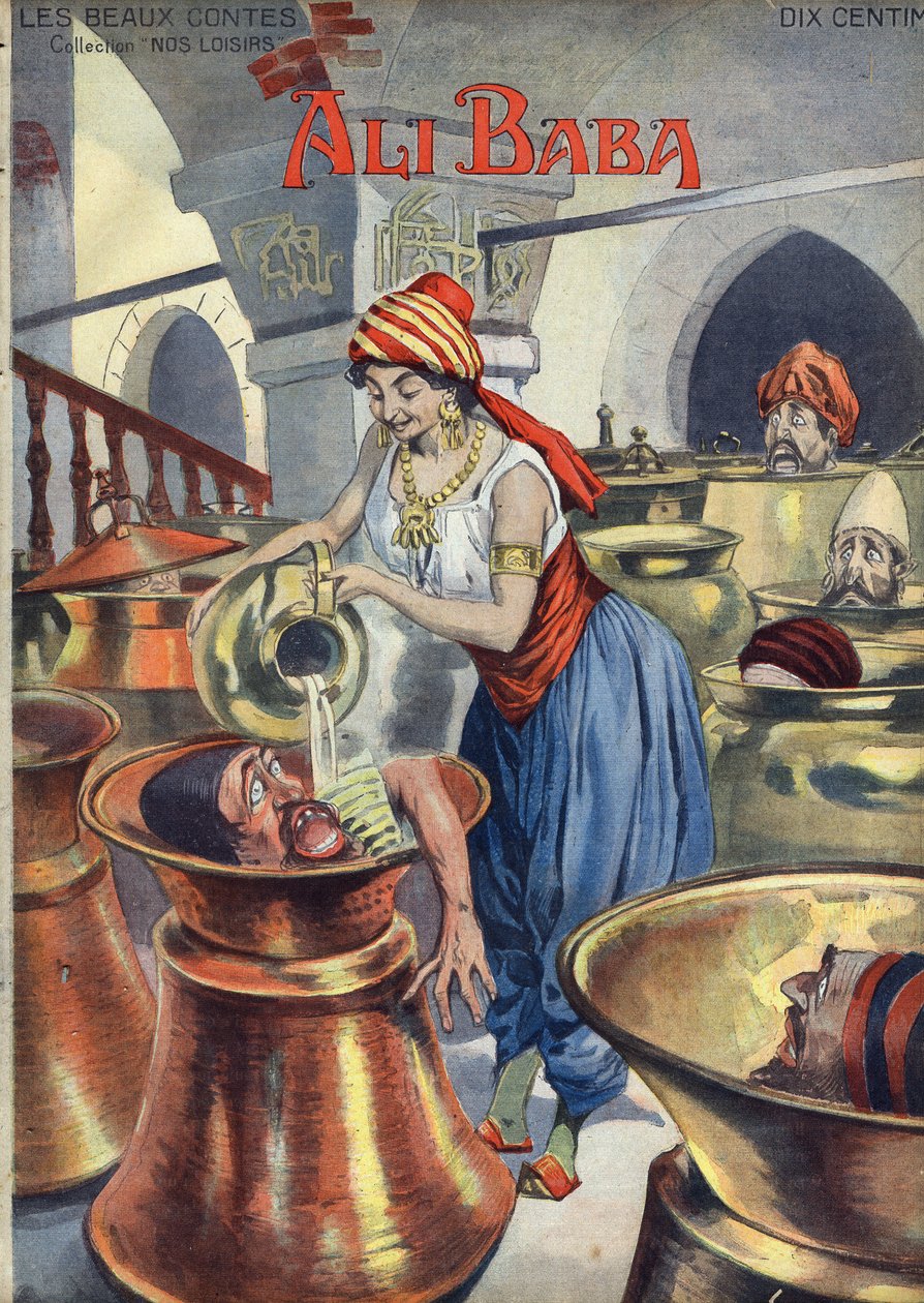 Ali Baba (og de fyrre tyve). Populær fortælling om 1001 nætter eller tusind og en nætter). Illustration af Vaccari og Carrey i "" Les beaux tales"" samling "" Nos loisirs""" omkring 1910. Privat samling. af Alfredo and Carrey Vaccari