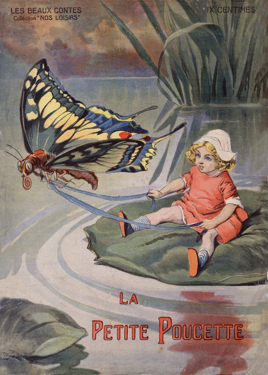 Den lille tommelfinger. En lille bitte pige, der sidder på en åkande, trækker i en sommerfugl. Fortælling af HC Andersen (1805-1875). Illustration af Vaccari og Carrey i "" Les beaux tales"" samling "" Nos loisirs""" omkring 1910. Privat samling. af Alfredo and Carrey Vaccari