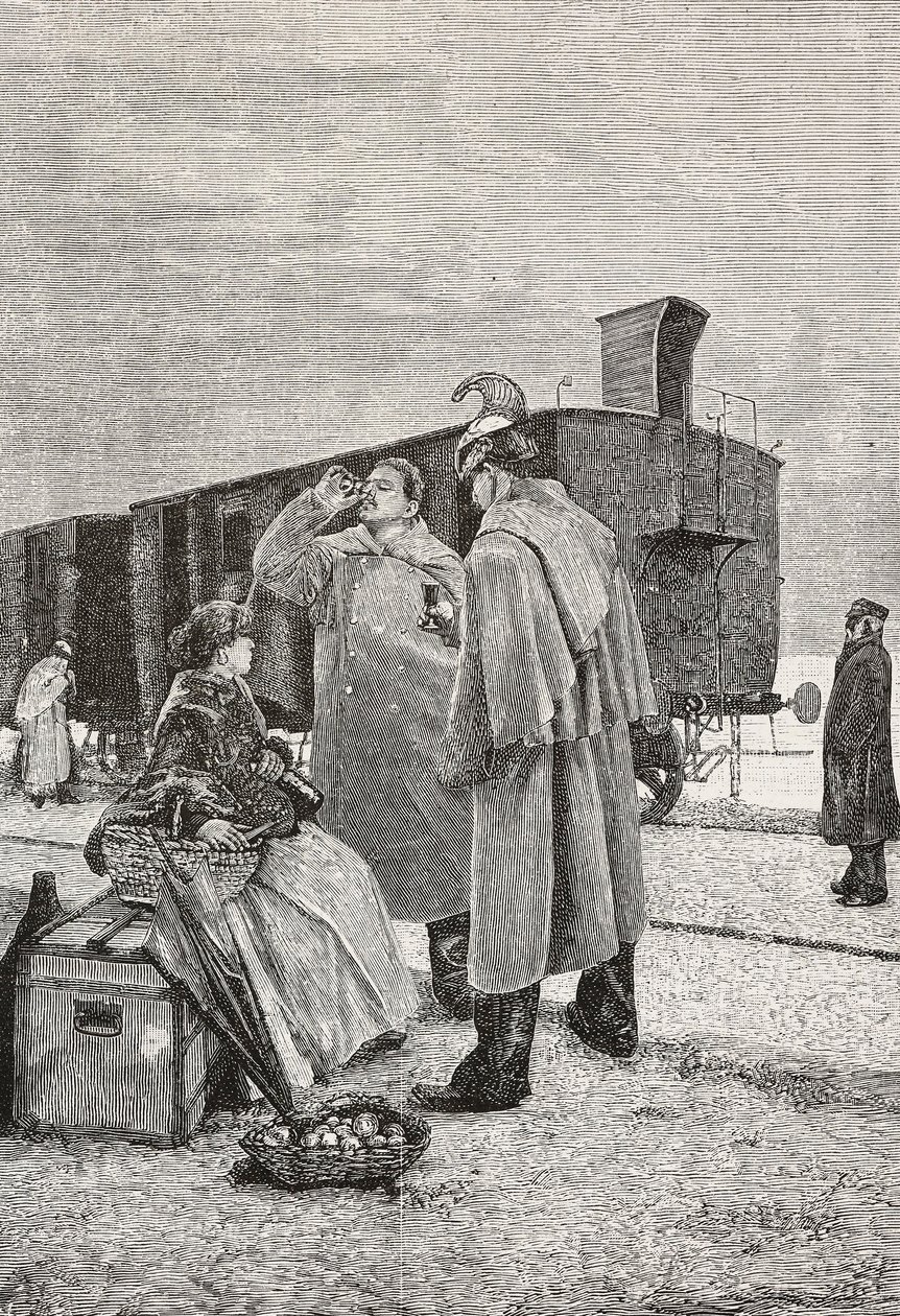 Five Minutes Stop, to mænd, der står ved et tog, holder op med at drikke og spise, gravering fra et maleri af Alfredo Luxoro (1859-1918), fra L