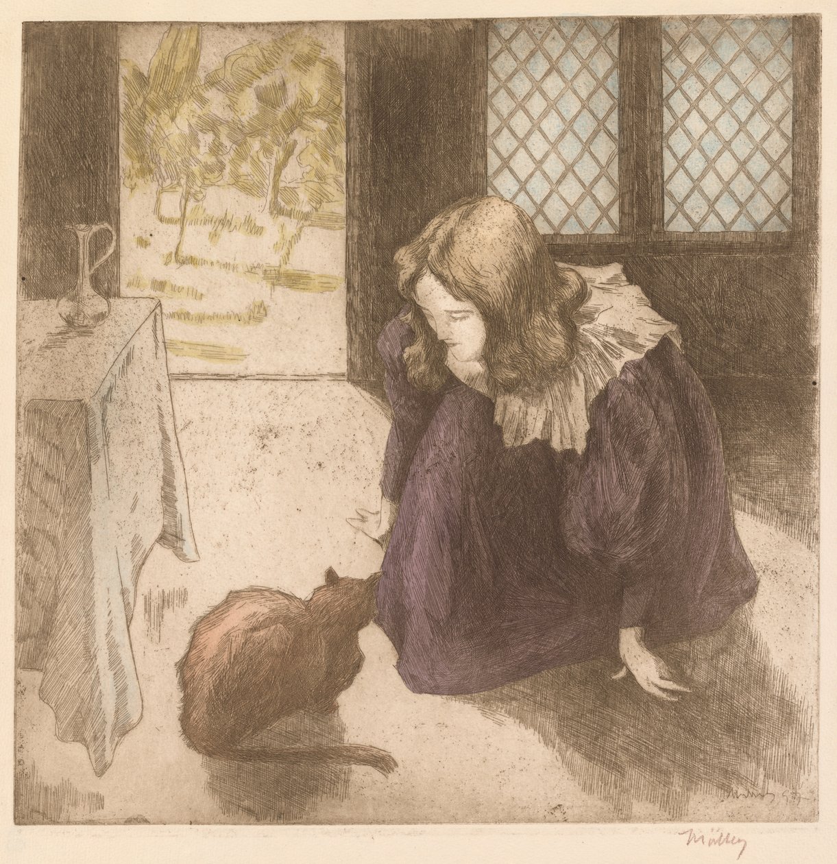 Interiør, lille pige med kat La Petite fille au chat, 1897. af Alfredo Müller