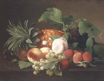 Stilleben med ananas, ferskner, blommer og vindruer af Alfrida Vilhelmine Ludovica Baadsgaard