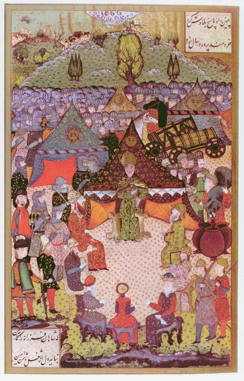 Kongen af Ungarn, Lajos II (1506-26) i råd før slaget ved Mohacs i 1526, 1558 (blæk og bladguld på vellum) af Ali Amir Beg