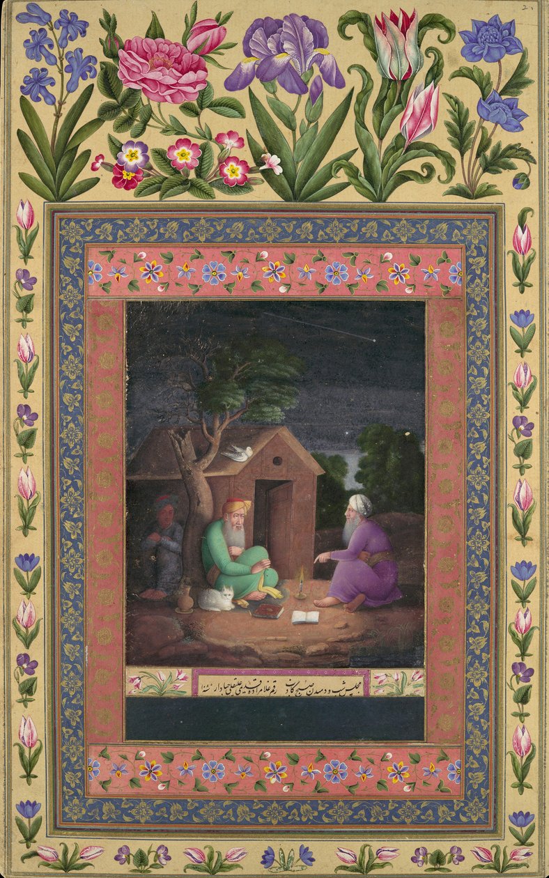 Two Old Men in Discussion Outside a Hut, Folio fra Davis Album, A.H.1085A.D.1674-75. af Ali Quli Jabbadar