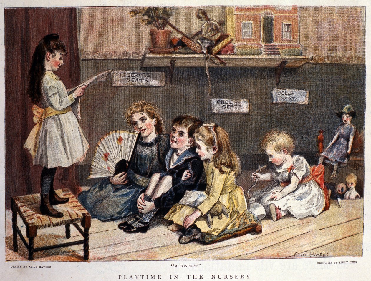Børneleg: “”koncerten””” En lille pige synger foran et publikum af børn og legetøj. Tegning af Alice Havers. 1877 af Alice Havers