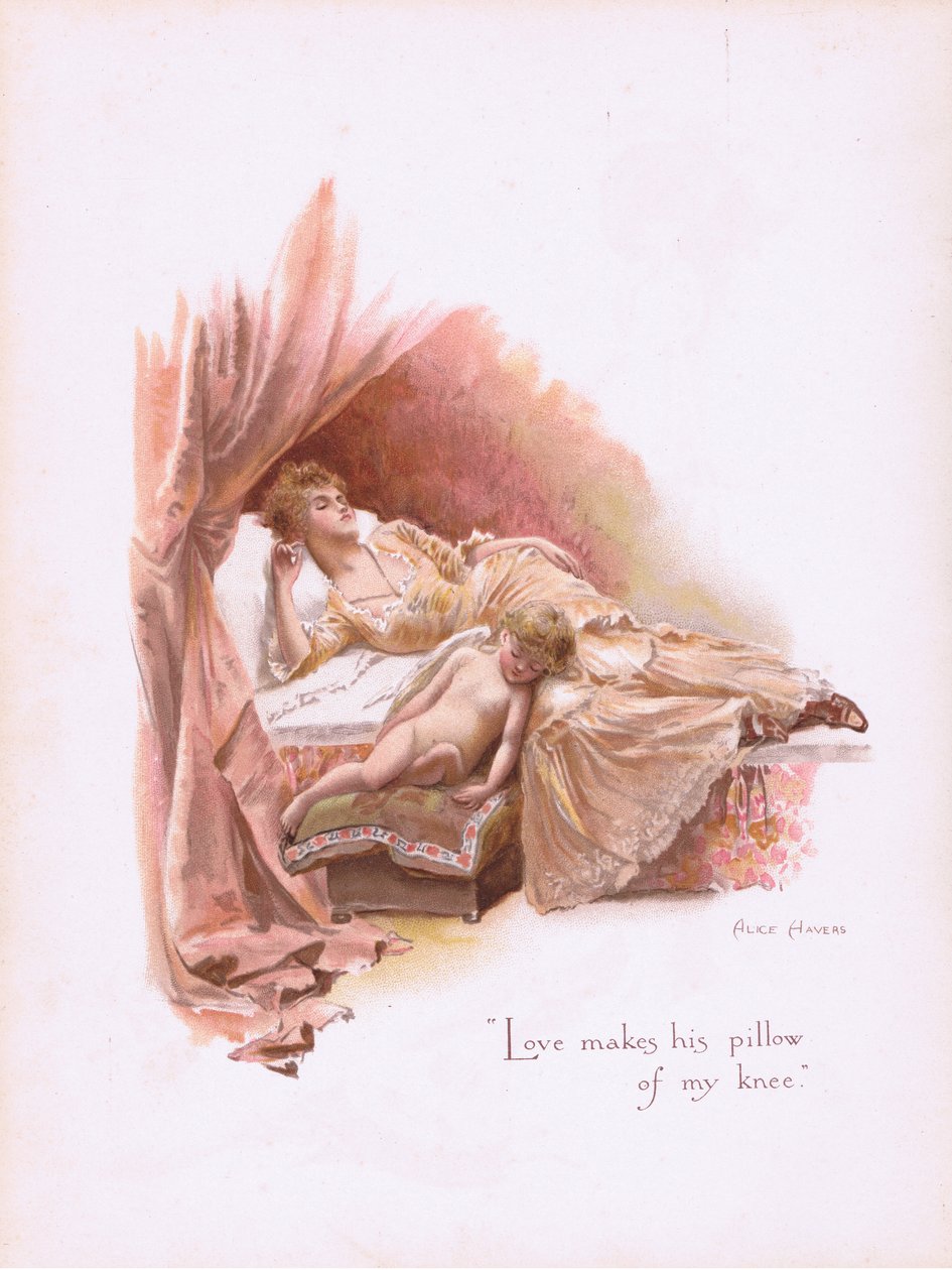 Kærlighed gør hans pude til mit knæ, fra Nogle gamle kærlighedssange udgivet af Hildesheimer & Faulkner, 1892 af Alice Havers