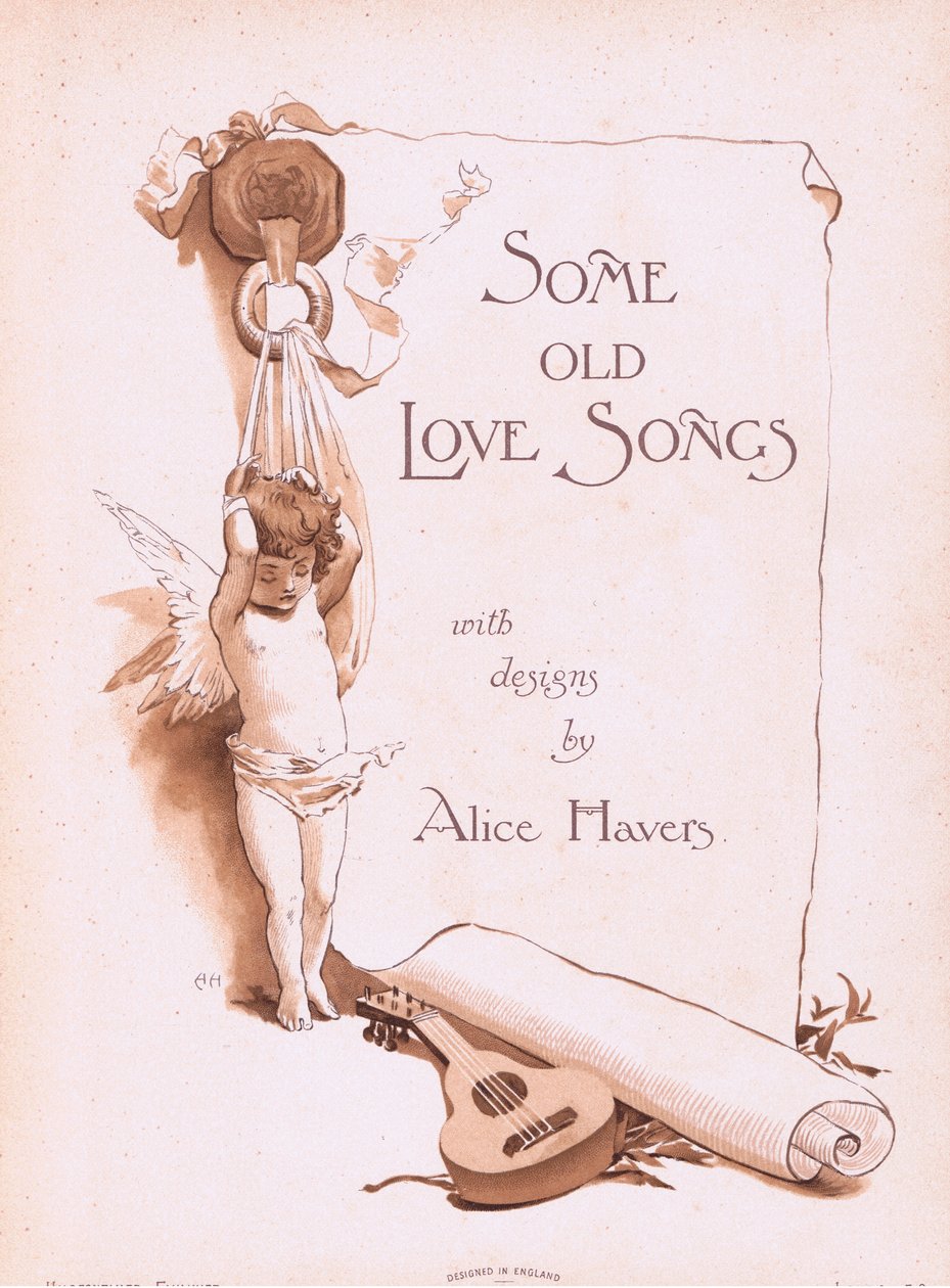 Titelside, fra nogle gamle kærlighedssange udgivet af Hildesheimer & Faulkner, 1892 af Alice Havers