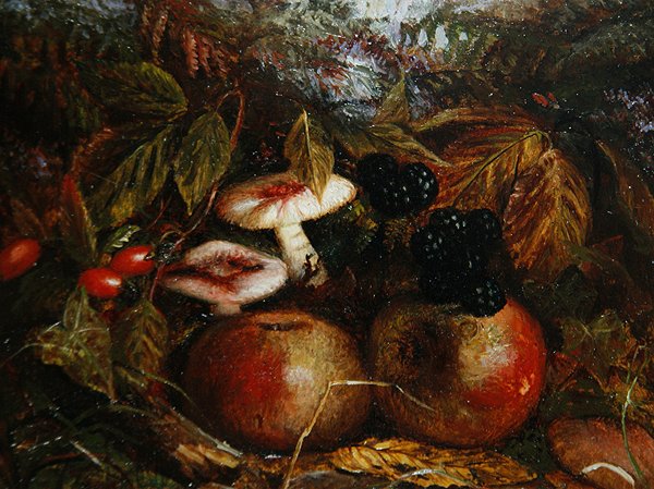 Stilleben med svampe, æbler og brombær af Alice M Wilson