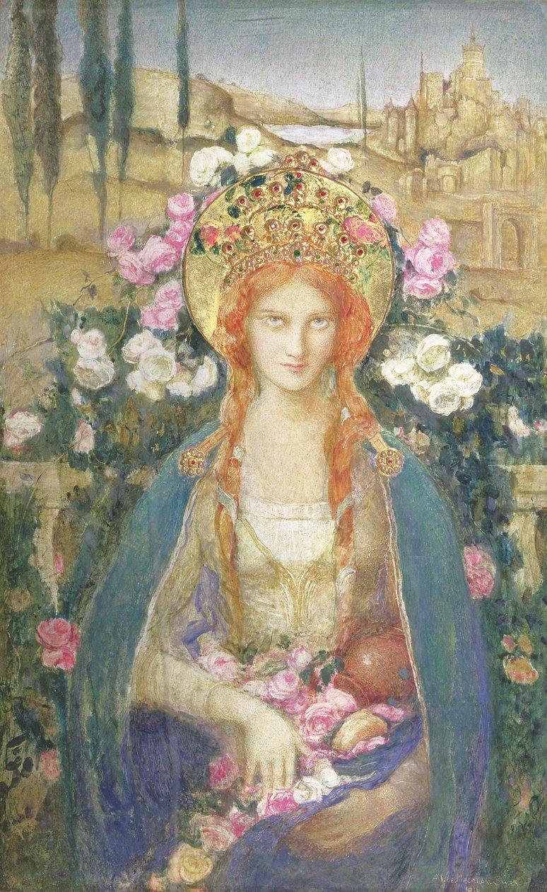 St. Elizabeth af Ungarn, 1916 (tempera på papir lagt om bord med bladguld indsat med halvædelsten på diadem relief) af Alice Macallan Swan