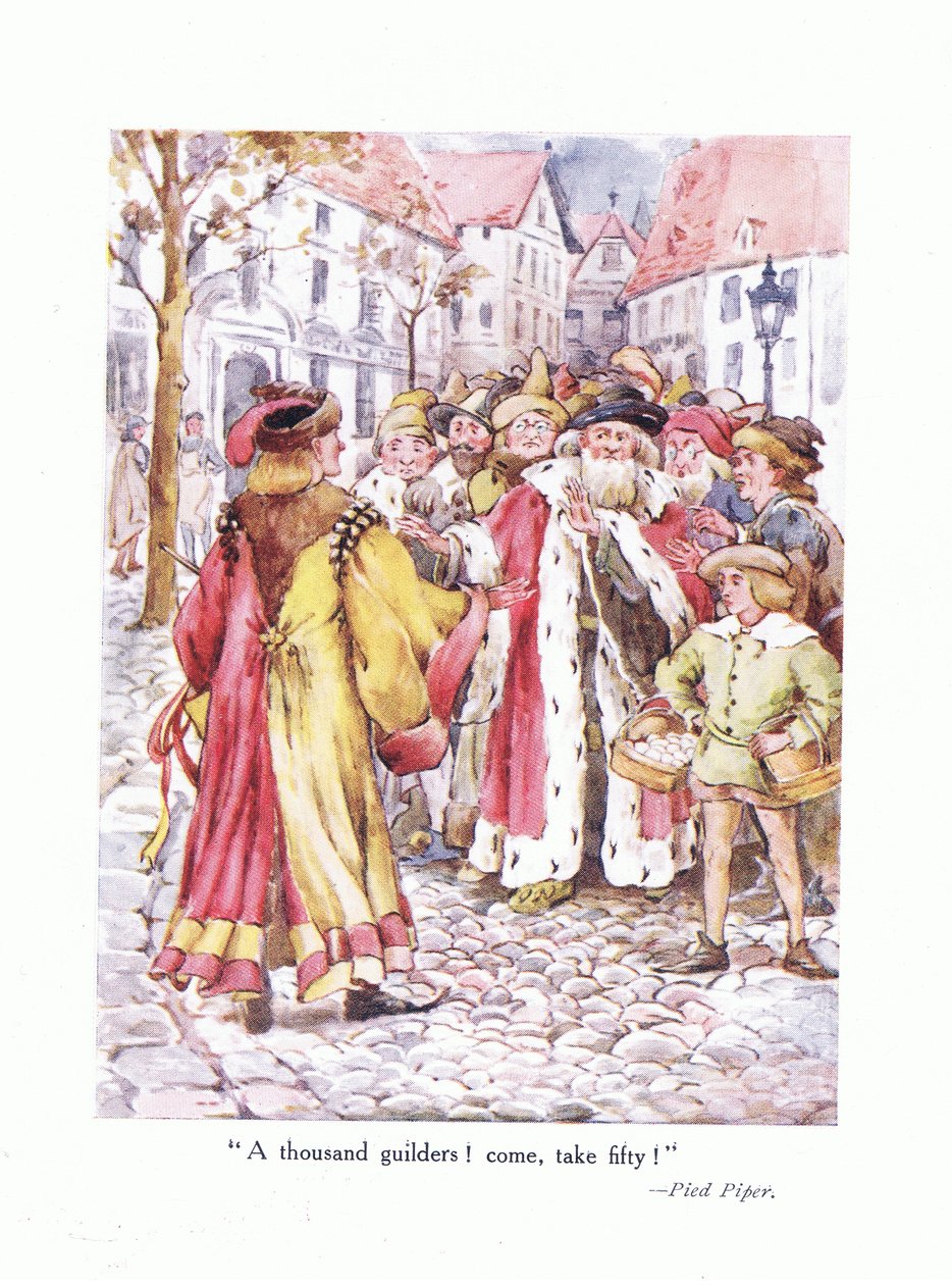 Tusind gylden! Kom og tag fifty!, illustration fra Poems for the Young: Robert Browning, ca. 1920 af Alice Ross