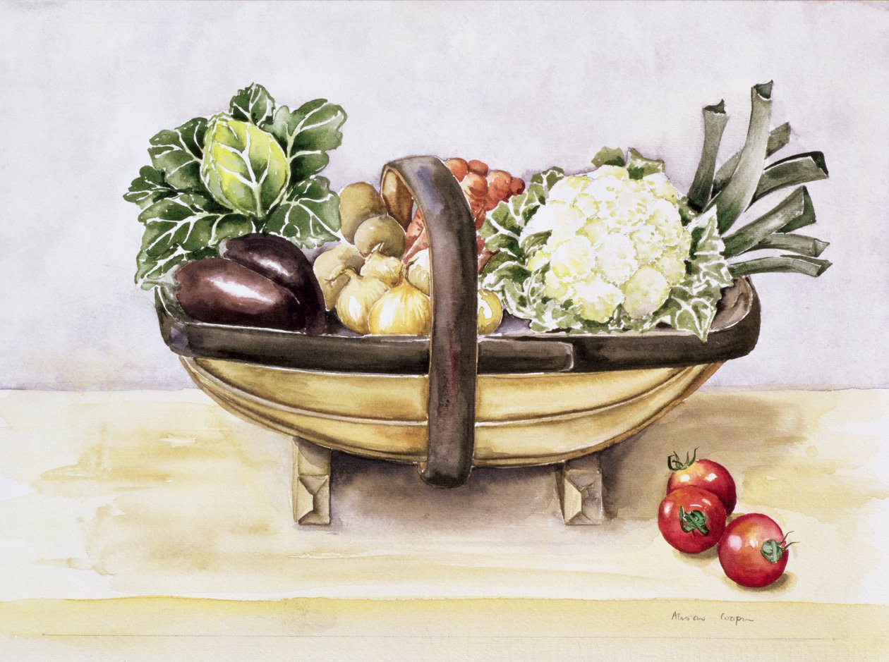 Stilleben med en trug af grøntsager, 1996 af Alison Cooper