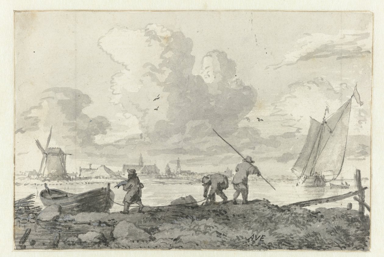 Fiskere med deres robåd på Spaarne ved Haarlem af Allaert van Everdingen