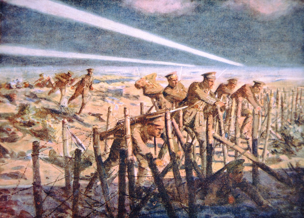 Britiske soldater skærer tysk pigtrådsforsvar om natten på vestfronten (farve litho) af Allan (after) Stewart
