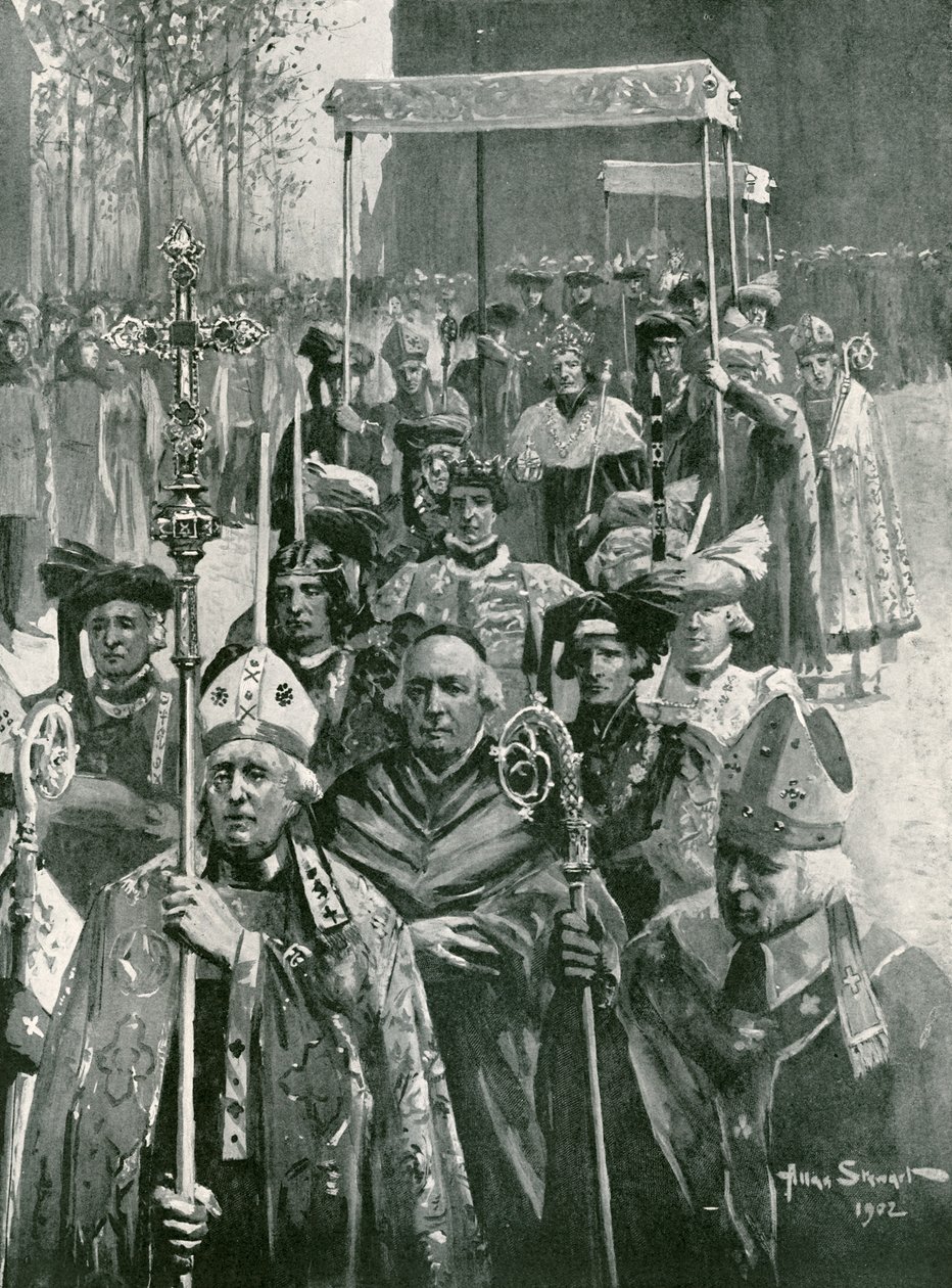 Processionen fra klosteret til salen ved kroningen af Richard III og Anne af Warwick (litografi) af Allan (after) Stewart