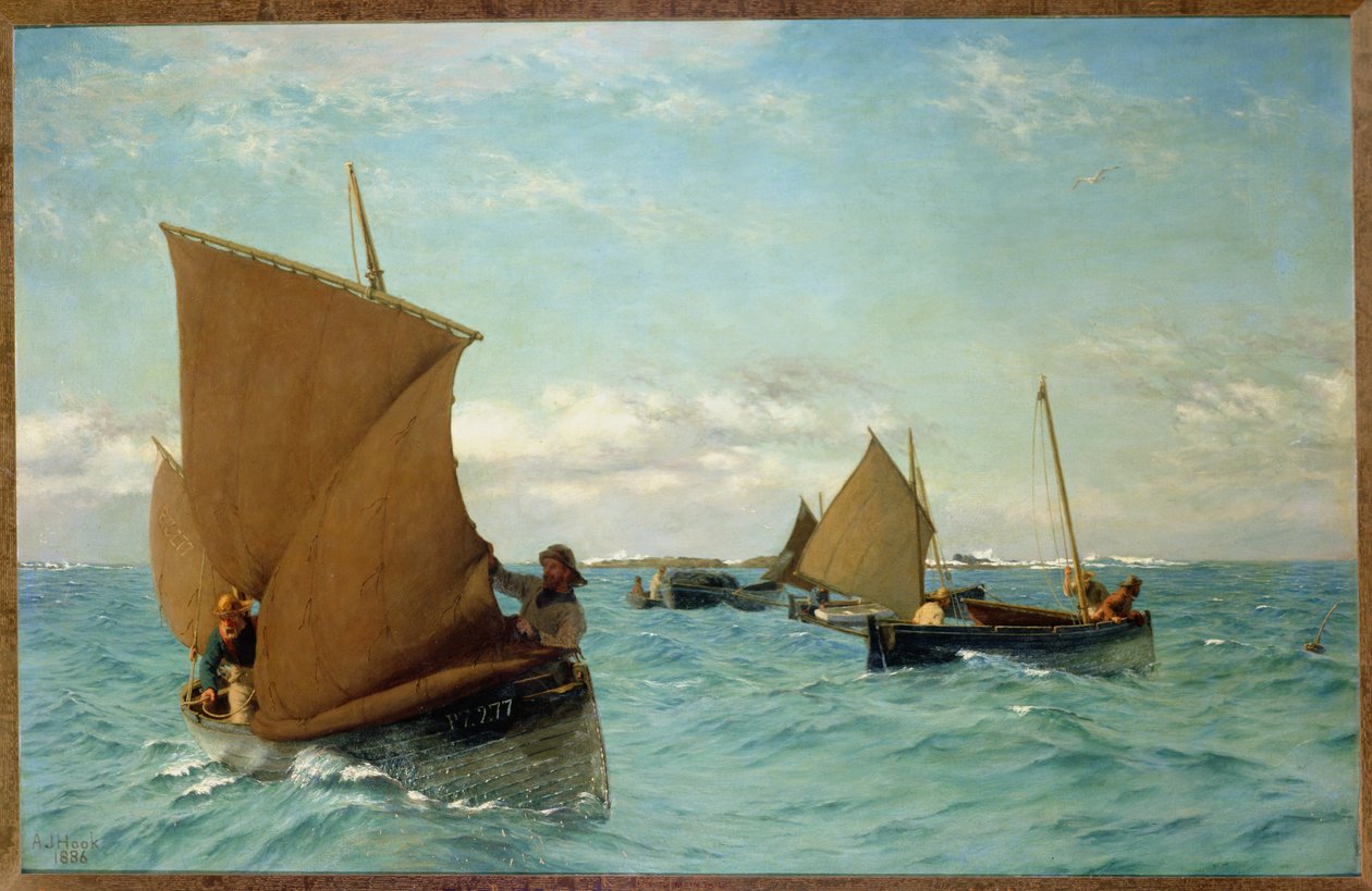 Luggers Picking Up Moorings, 1886 af Allan J. Hook