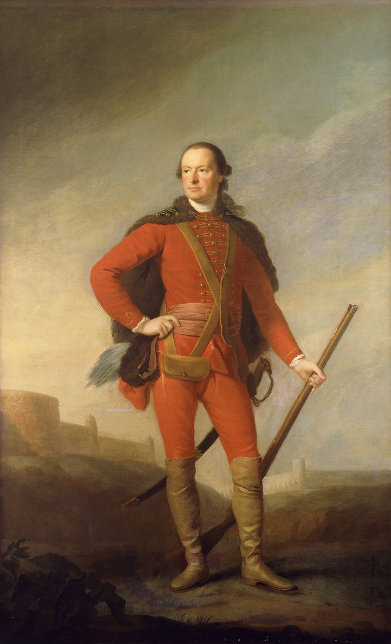 Portræt af Charles, 5. jarl af Elgin og 9. jarl af Kincardine, stående i fuld længde i et skarlagenrødt kostume og pelsklippet kappe med en musket i et romantisk landskab med et slot bagved, af Allan Ramsay