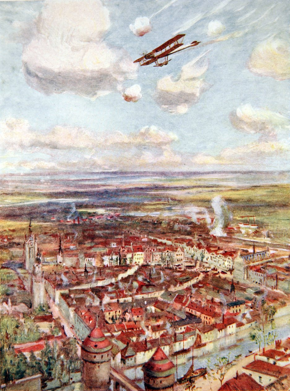 Løjtnant Rhodes-Moorhouse flyver over Courtrai for at bombe jernbanen (farve litho) af Allan Stewart