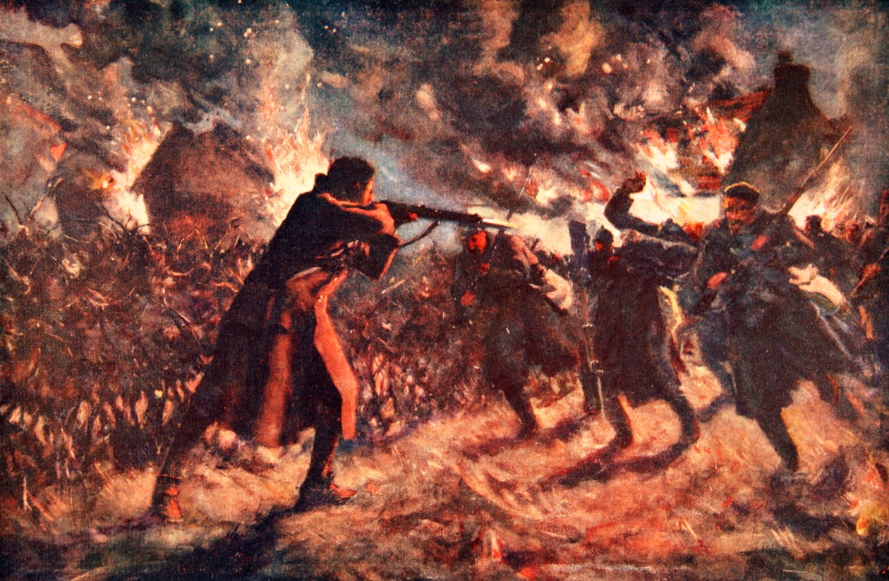 Menig Meston angreb, på egen hånd, adskillige af fjenden, der rykkede frem, efter at have erobret en britisk skyttegrav (farve litho) af Allan Stewart