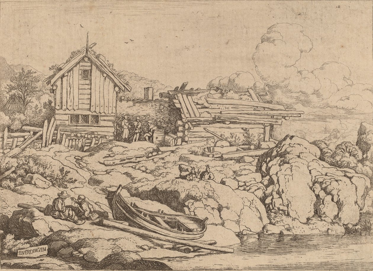 Båd ved en flodbred med tre geder, sandsynligvis ca. 16451656. af Allart van Everdingen