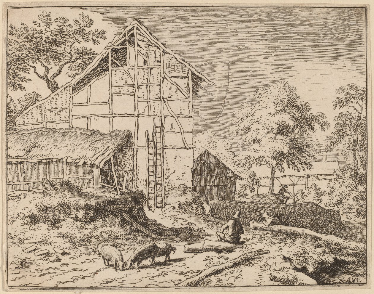 Sommerhus med to stiger, formentlig ca. 16451656. af Allart van Everdingen