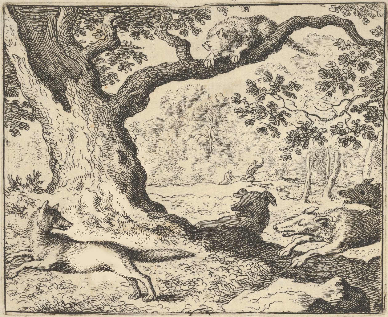 Efter Renards falske historie, bliver hans far jaget af jagthunde fra Hendrick van ..., 1650-75. af Allart van Everdingen