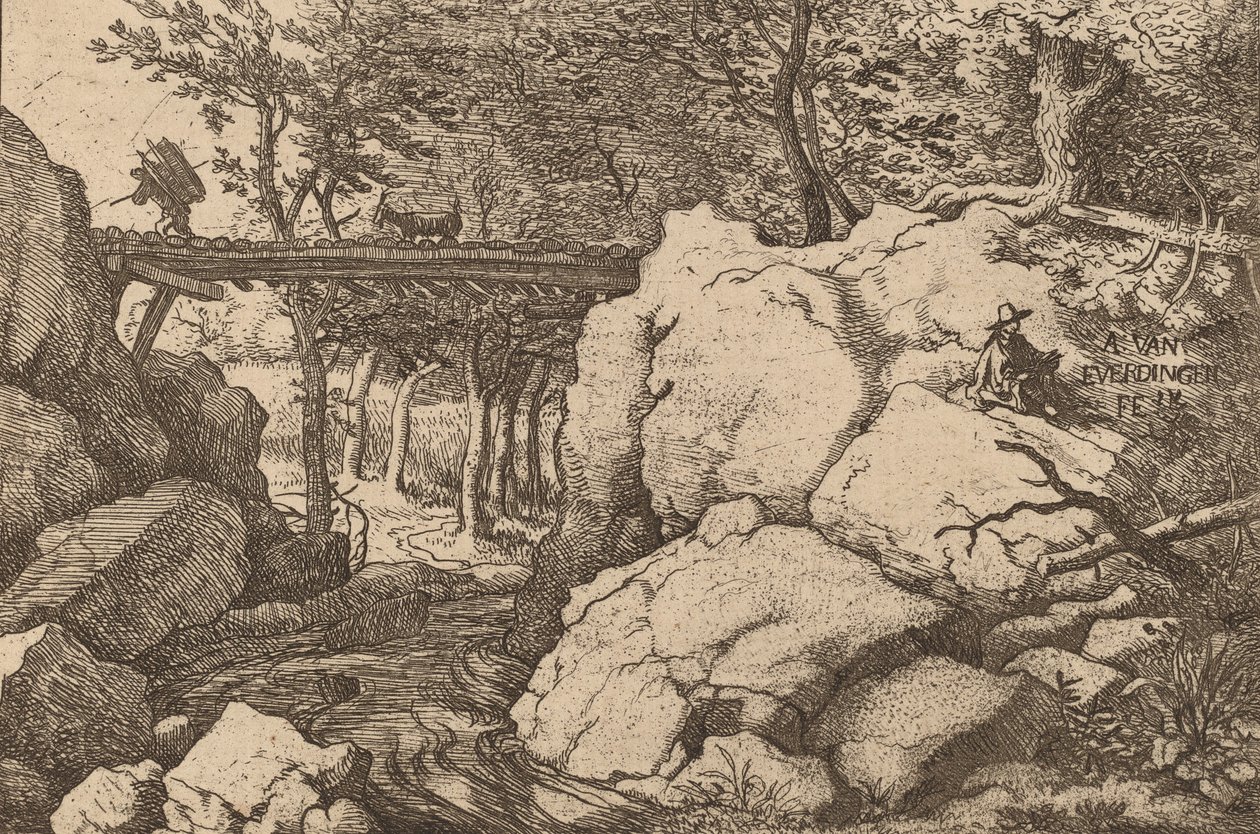 Ged på en lille bro, sandsynligvis ca. 16451656. af Allart van Everdingen