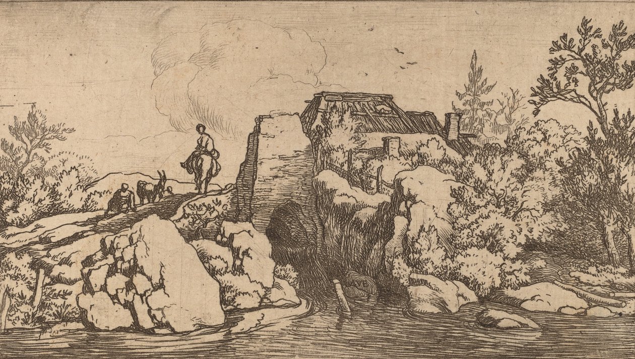 Rytter på en Stenbro, sandsynligvis ca. 16451656. af Allart van Everdingen