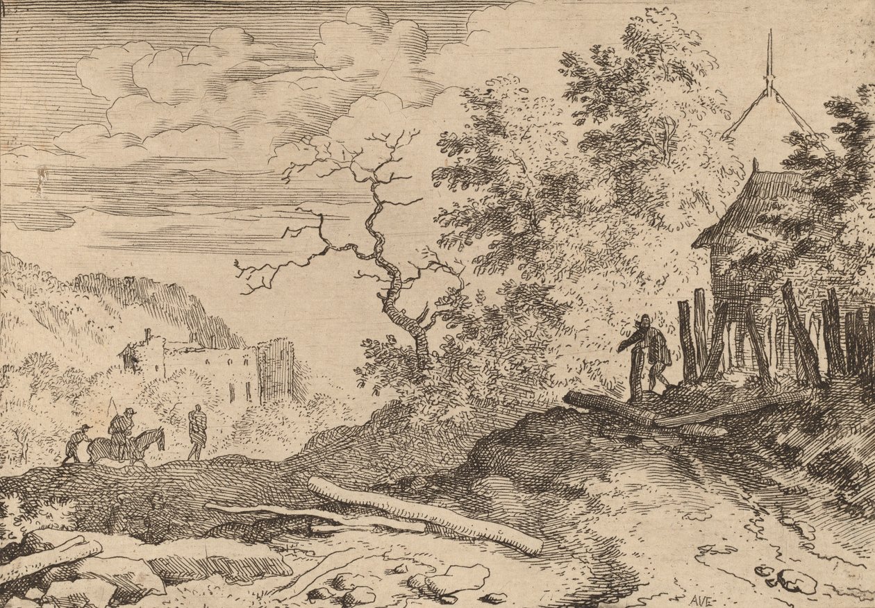 Hytte med rester af en hæk, formentlig ca. 16451656. af Allart van Everdingen