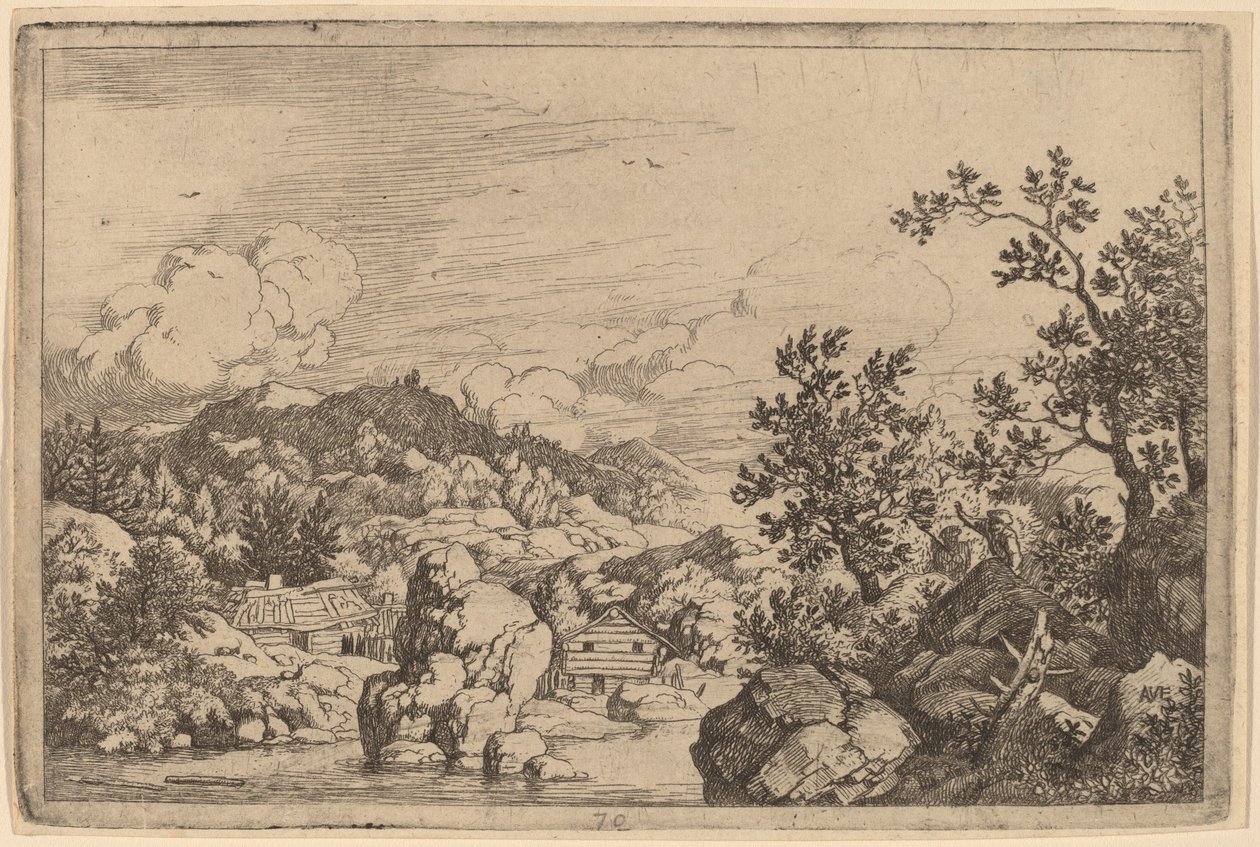 Stor sten, der rager ud fra en flod, sandsynligvis ca. 16451656. af Allart van Everdingen