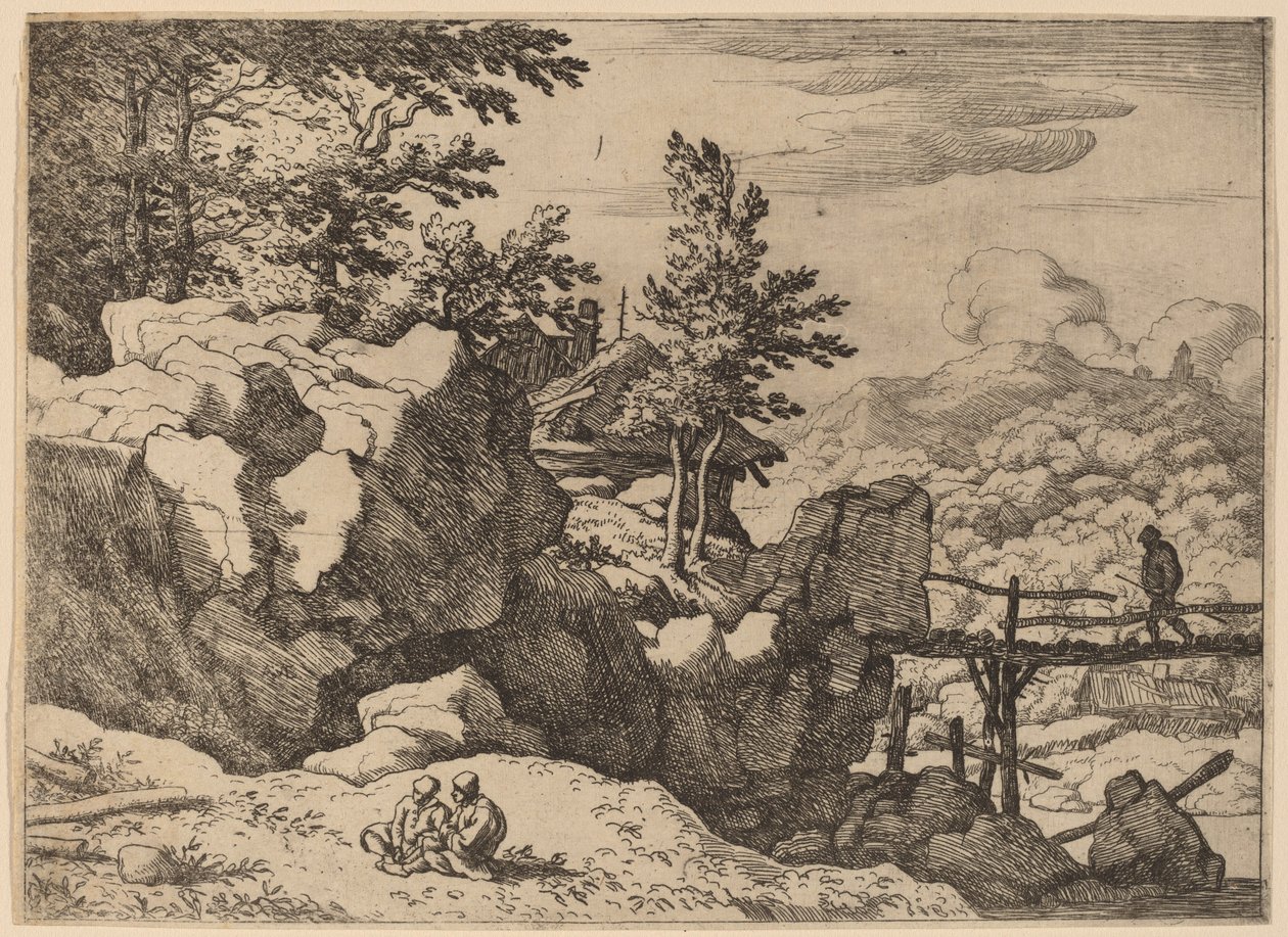 Mand på en lille træbro, sandsynligvis ca. 16451656. af Allart van Everdingen
