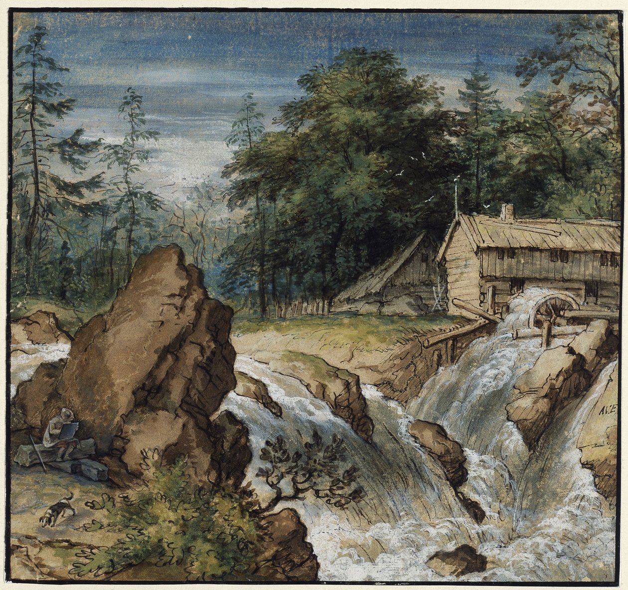 Nordisk landskab med en tegner ved et vandfald af Allart van Everdingen