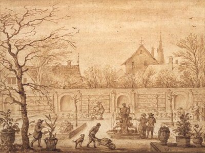 PD.326-1963 Udsigt over en hollandsk have, ca. 1650-60 (blæk og vask) af Allart van Everdingen