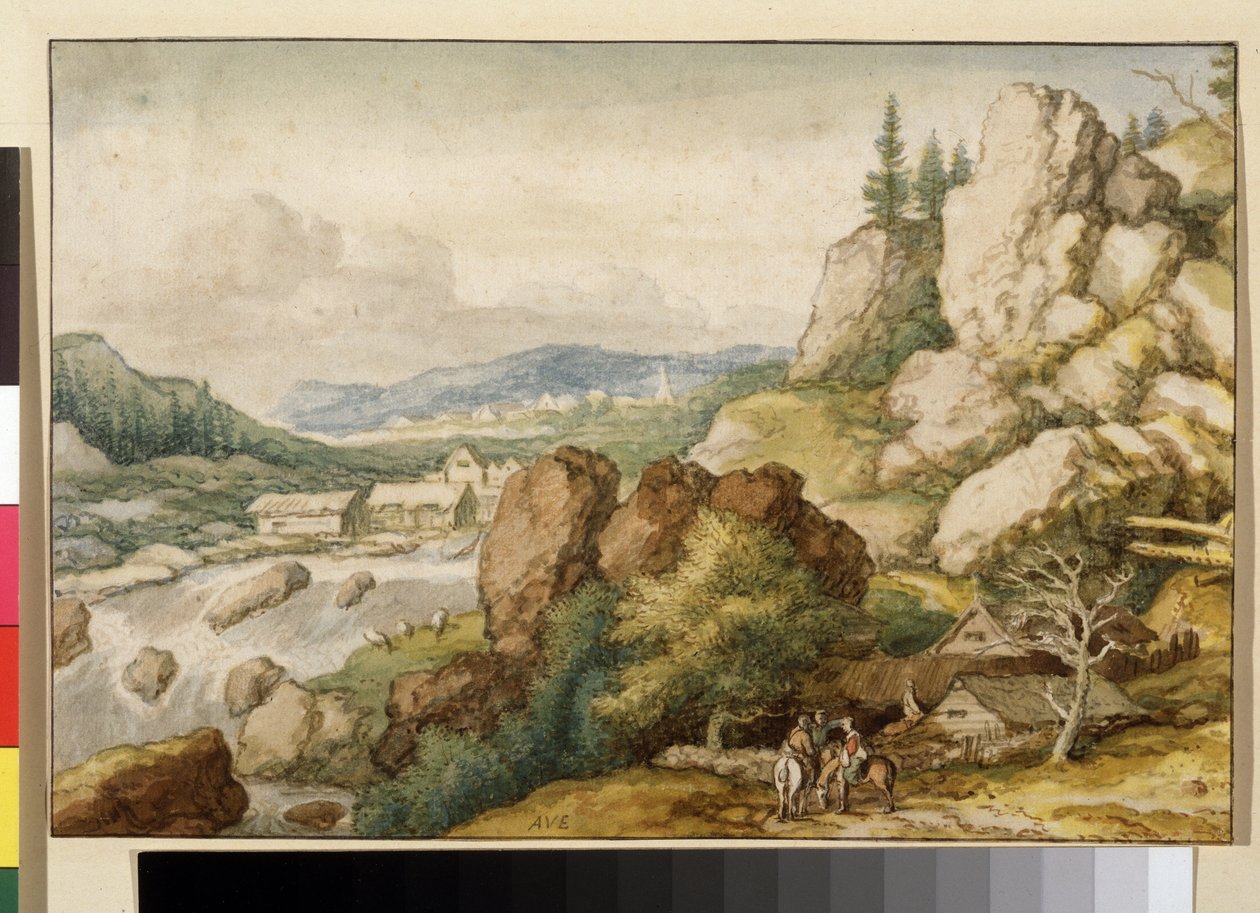 ""Landskab med tre ryttere"" (Landskab med tre ryttere) Akvarel af Allaert Pietersz van Everdingen (1621-1675) Pushkin Museum, Moskva af Allart van Everdingen