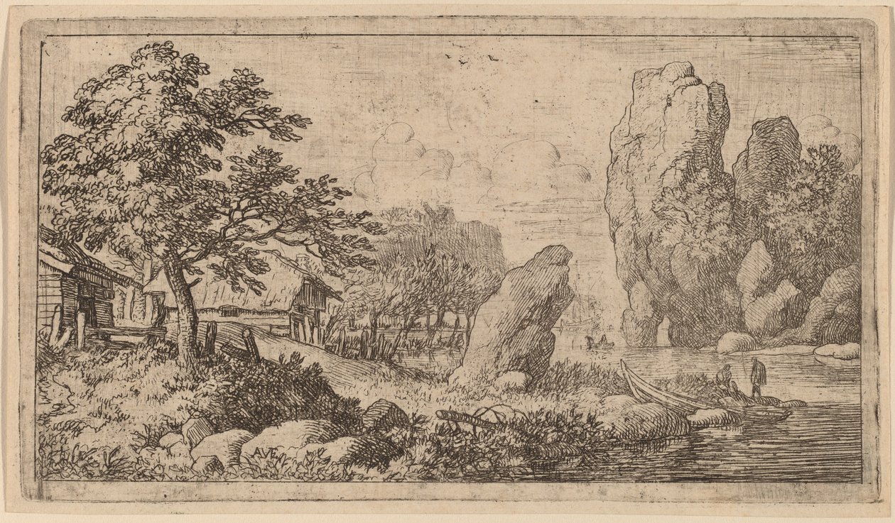En spids kampesten ved bredden af en flod, sandsynligvis ca. 16451656. af Allart van Everdingen