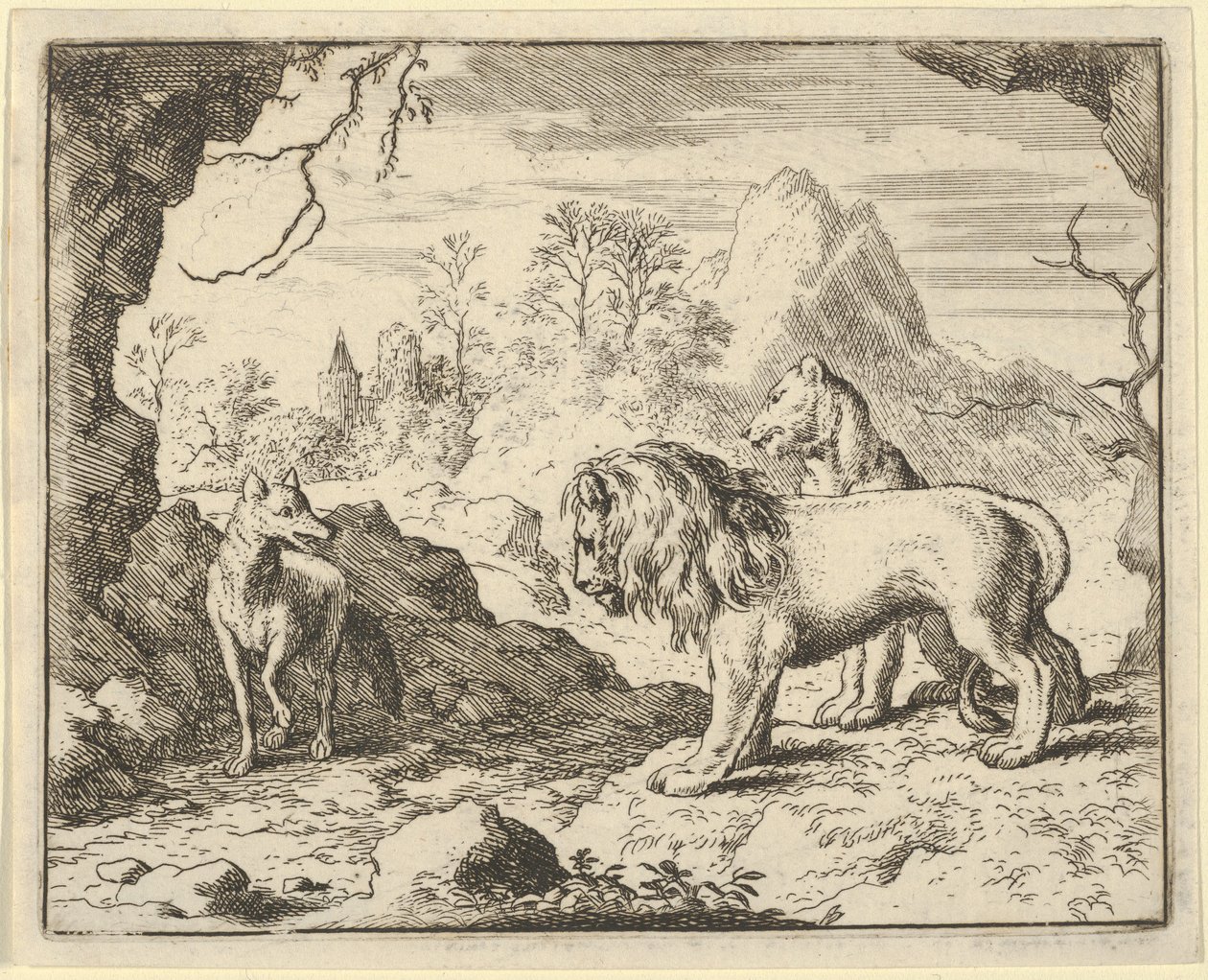 Renard overbeviser løven og løvinden om at finde en skat, som hans far stjal fra dem ..., 1650-75. af Allart van Everdingen