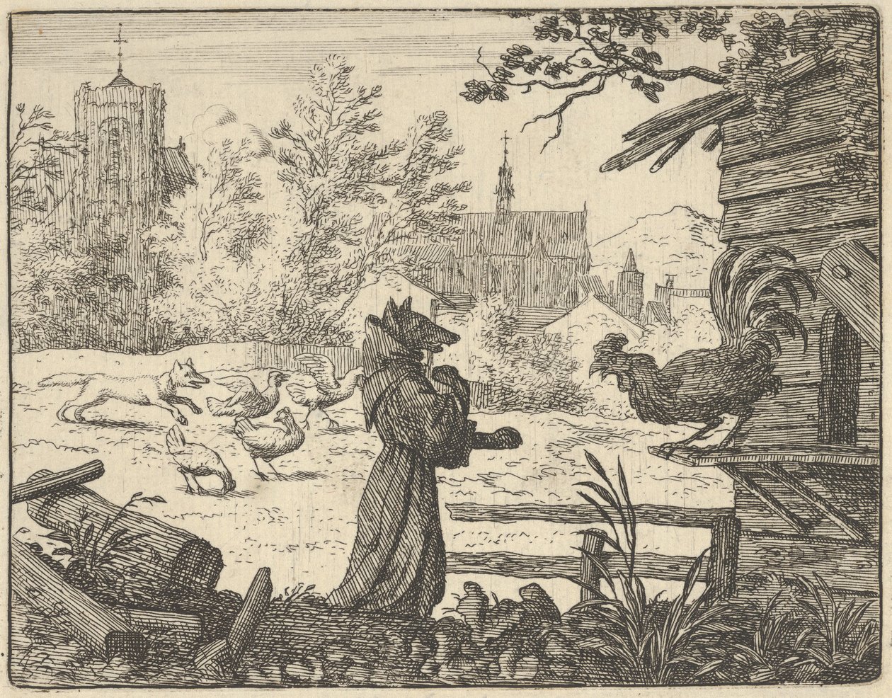 Renard, forklædt som en munk, vinder hanens tillid, 1650-75. af Allart van Everdingen