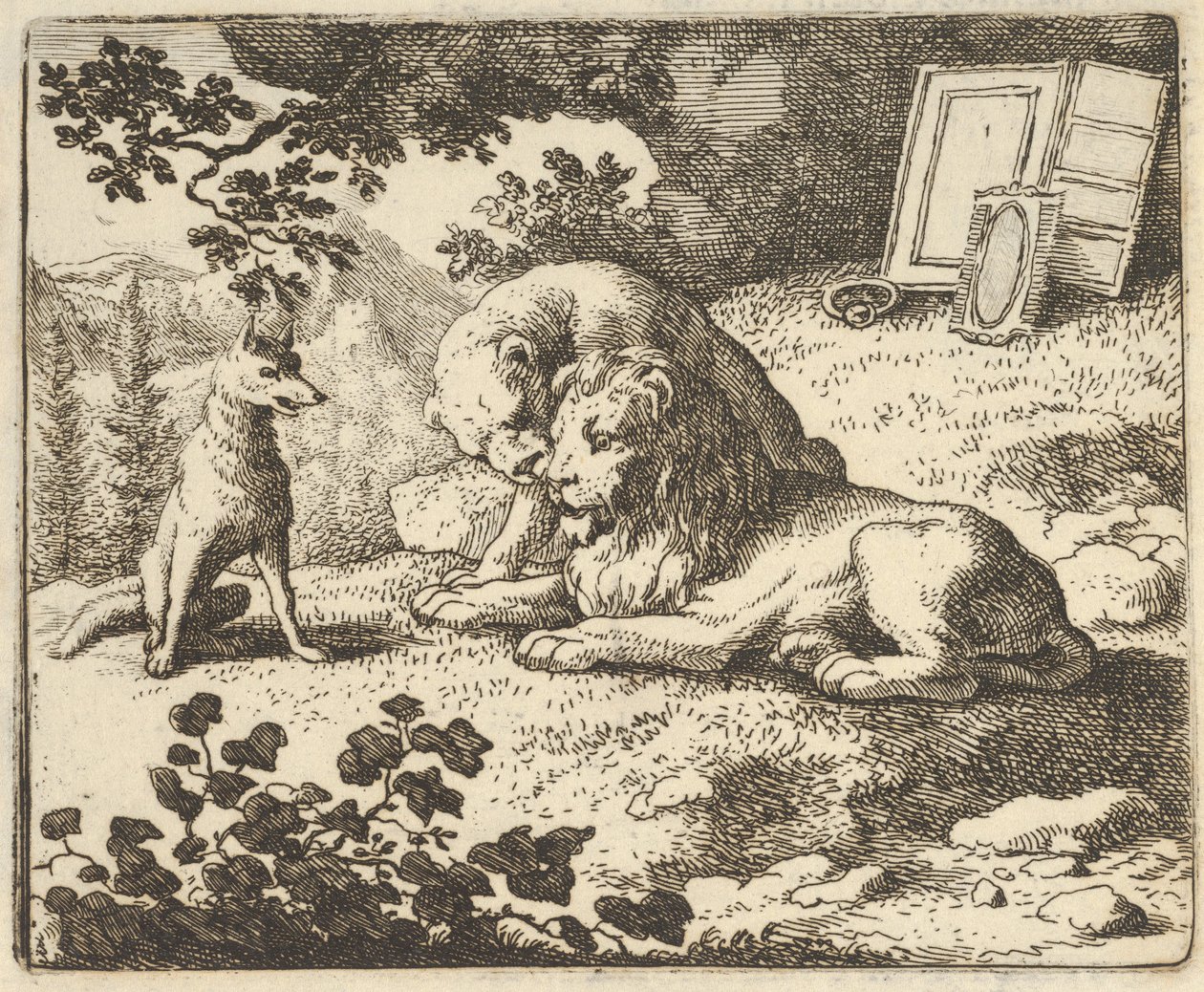 Renard lyver, at han gav vædderen forskellige dyrebare genstande, der var beregnet til løven ..., 1650-75. af Allart van Everdingen
