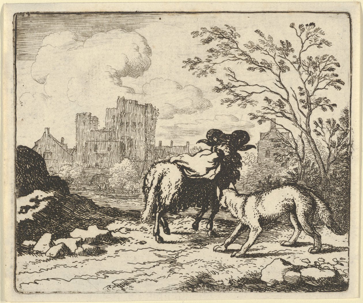 Renard sender vædderen tilbage til løven med en pakke, der indeholder kaninens hoved, 1650-75. af Allart van Everdingen