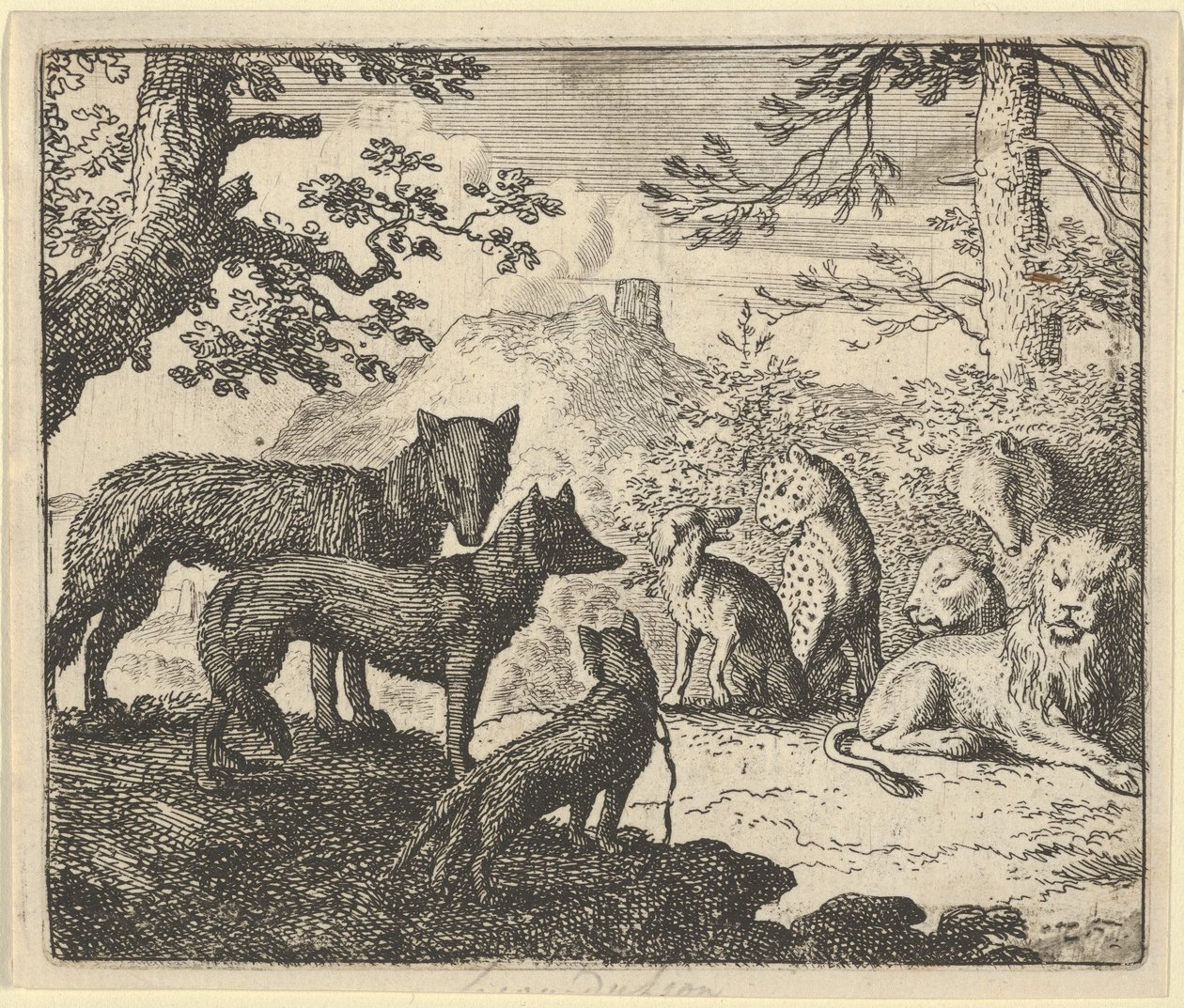 Renards forældre beder om at trække sig tilbage fra hoffet, fra Hendrick van Alcmars "Renard ræven" af Allart van Everdingen