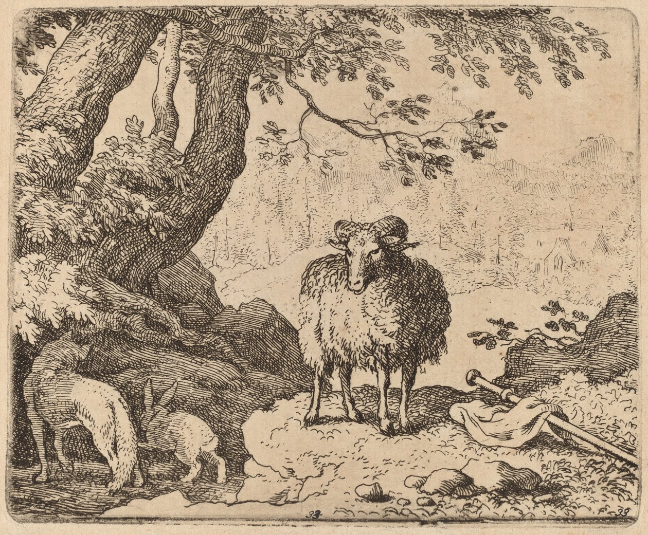 Reynard vender hjem, ledsaget af vædderen og kaninen, sandsynligvis ca. 16451656. af Allart van Everdingen