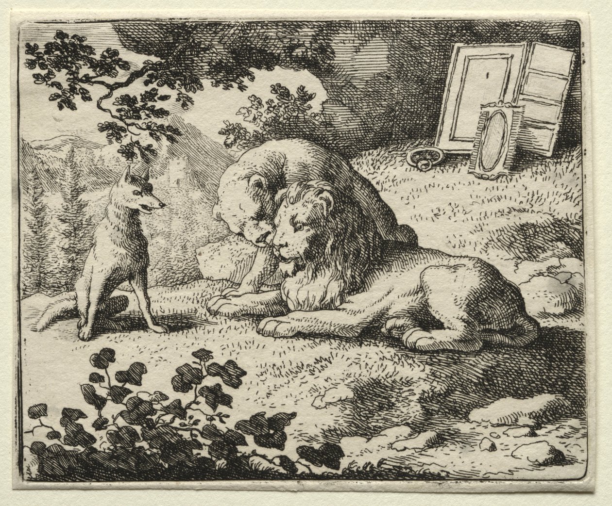 Reynard the Fox: Reynard lover gaver til løven. af Allart van Everdingen