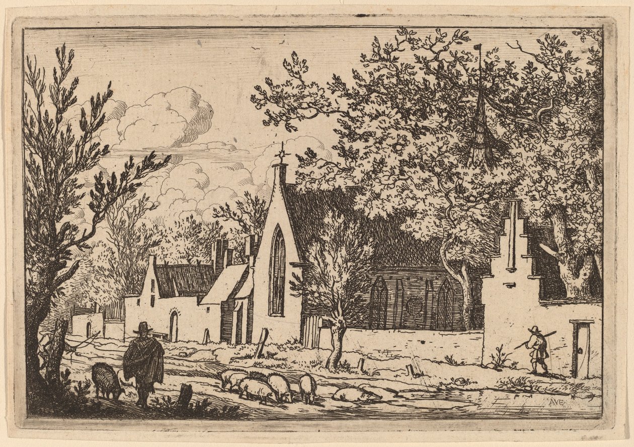 Svinebesætning nær et kapel, sandsynligvis ca. 16451656. af Allart van Everdingen