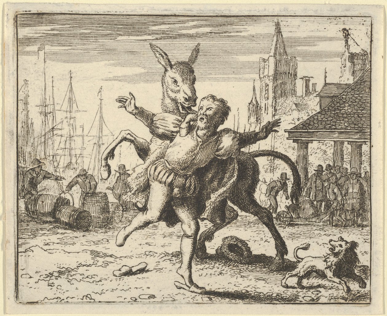 Æselen, jaloux på den opmærksomhed, hunden får fra sin herre, ser ud til at efterligne ..., 1650-75. af Allart van Everdingen