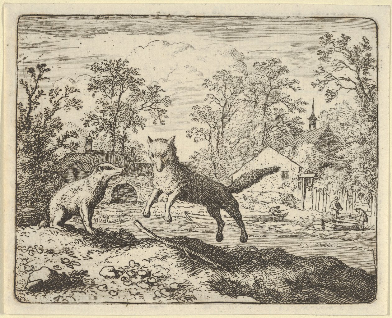 Grævlingen pålægger som straf at hoppe tre gange over en pind på jorden, 1650-75. af Allart van Everdingen