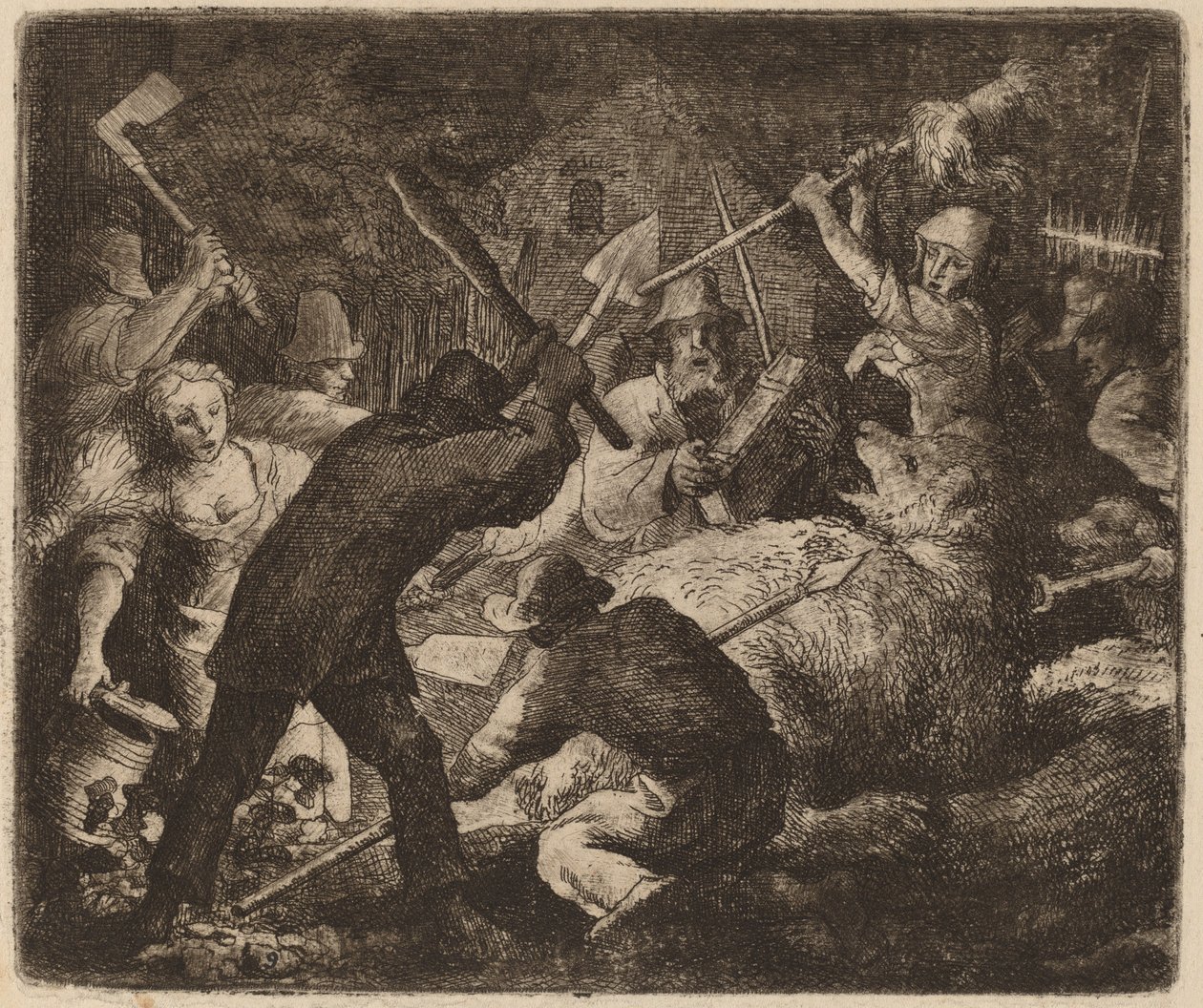 Bjørnen overfaldet af bønderne, sandsynligvis ca. 16451656. af Allart van Everdingen