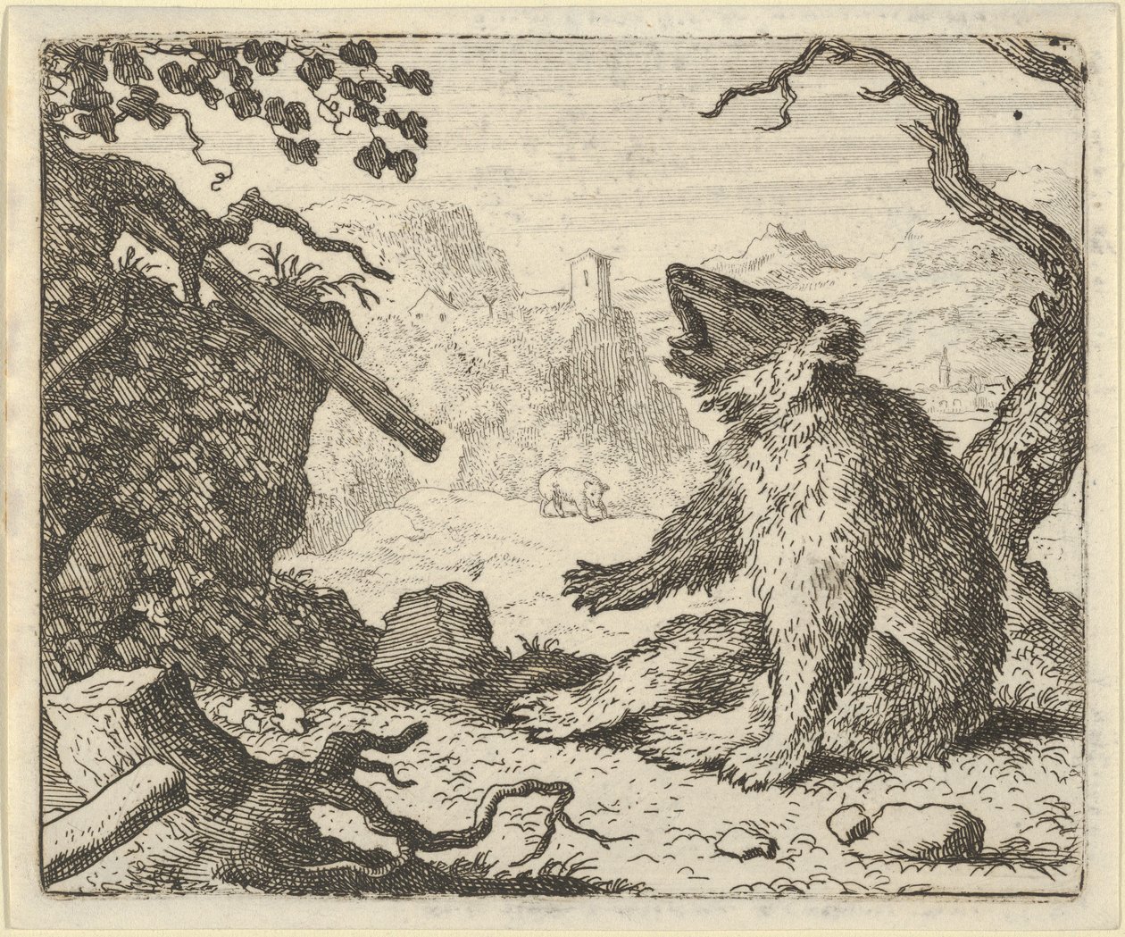 Bjørnen kalder Renard til at møde op for Dyrenes Råd, 1650-75. af Allart van Everdingen